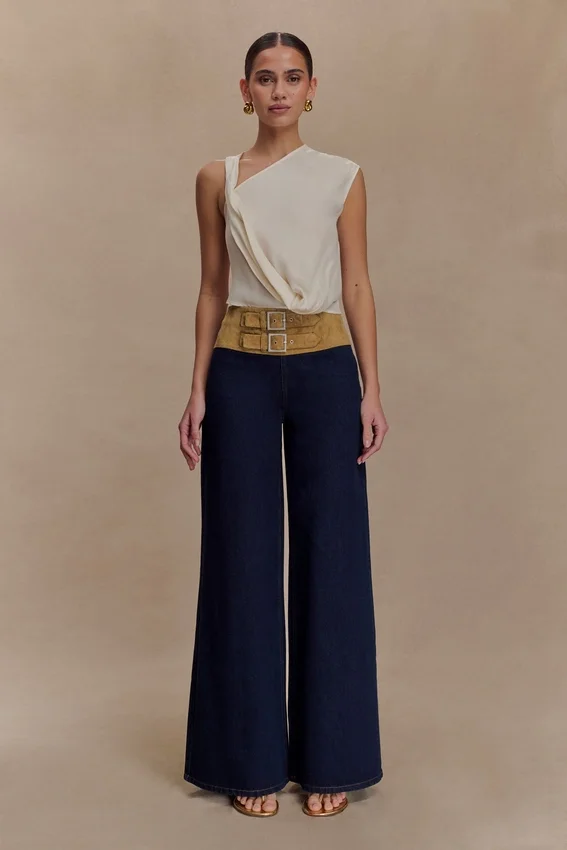 Miranda Faux Suede Belted Denim Wide Leg Jeans – Indigo Blue Miranda Faux Suede Belted Denim Wide Leg Jeans – Indigo Blue