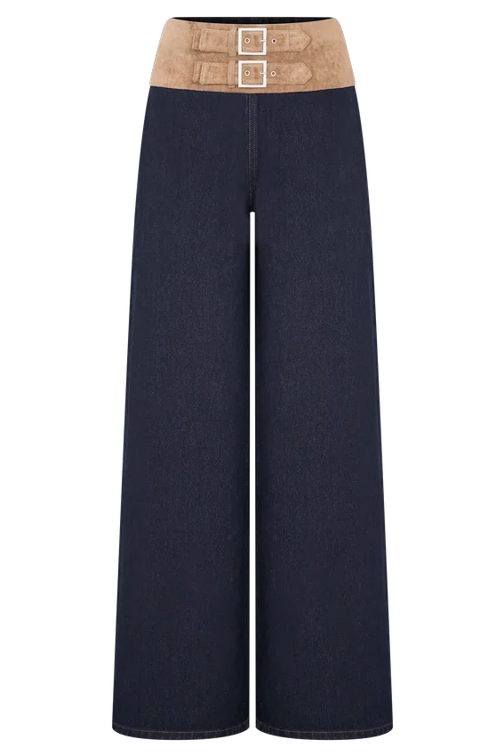 Miranda Faux Suede Belted Denim Wide Leg Jeans – Indigo Blue Miranda Faux Suede Belted Denim Wide Leg Jeans – Indigo Blue