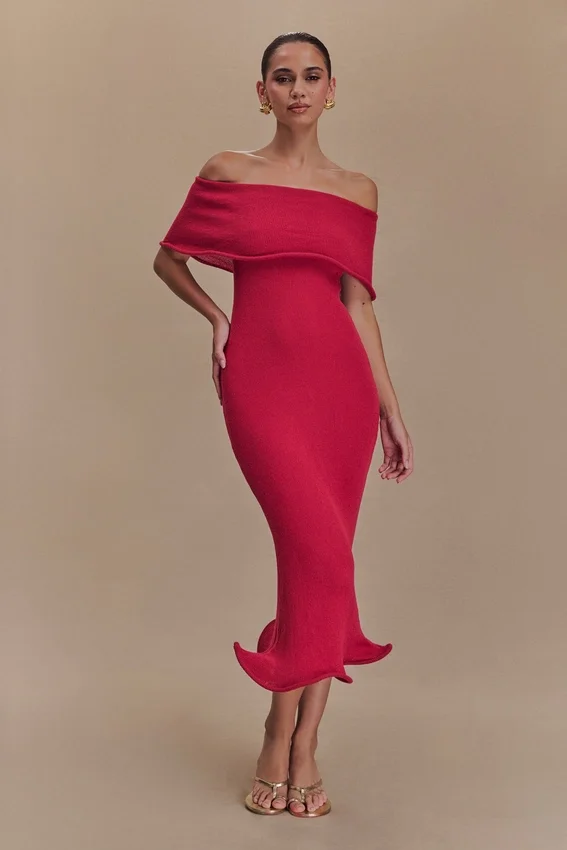 Molly Off Shoulder Knit Midi Dress – Raspberry Molly Off Shoulder Knit Midi Dress – Raspberry