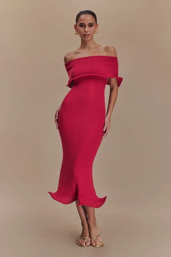 Molly Off Shoulder Knit Midi Dress – Raspberry Molly Off Shoulder Knit Midi Dress – Raspberry