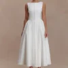 Monika Gathered Waist Cotton Midi Dress – White