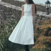 Monika Gathered Waist Cotton Midi Dress – White