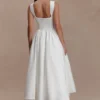 Monika Gathered Waist Cotton Midi Dress – White