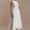 Monika Gathered Waist Cotton Midi Dress – White