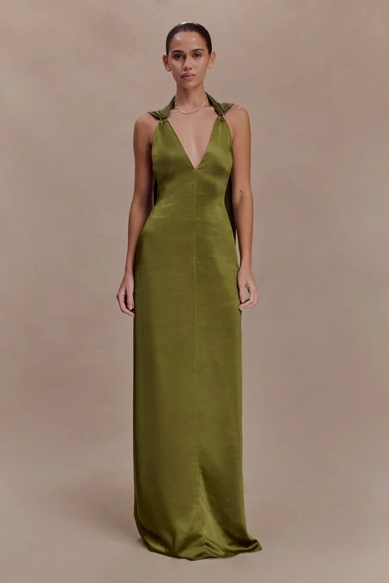 Myla Draped Shoulders Satin Maxi Dress – Khaki Myla Draped Shoulders Satin Maxi Dress – Khaki