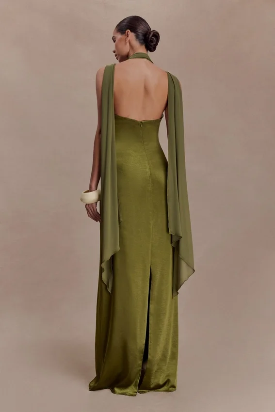 Myla Draped Shoulders Satin Maxi Dress – Khaki Myla Draped Shoulders Satin Maxi Dress – Khaki
