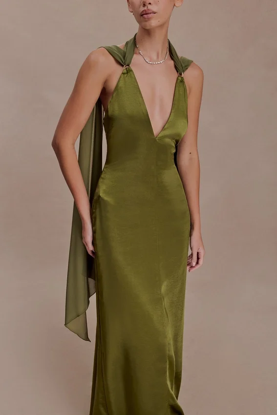 Myla Draped Shoulders Satin Maxi Dress – Khaki Myla Draped Shoulders Satin Maxi Dress – Khaki