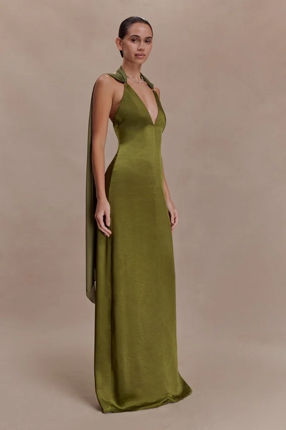 Myla Draped Shoulders Satin Maxi Dress – Khaki Myla Draped Shoulders Satin Maxi Dress – Khaki
