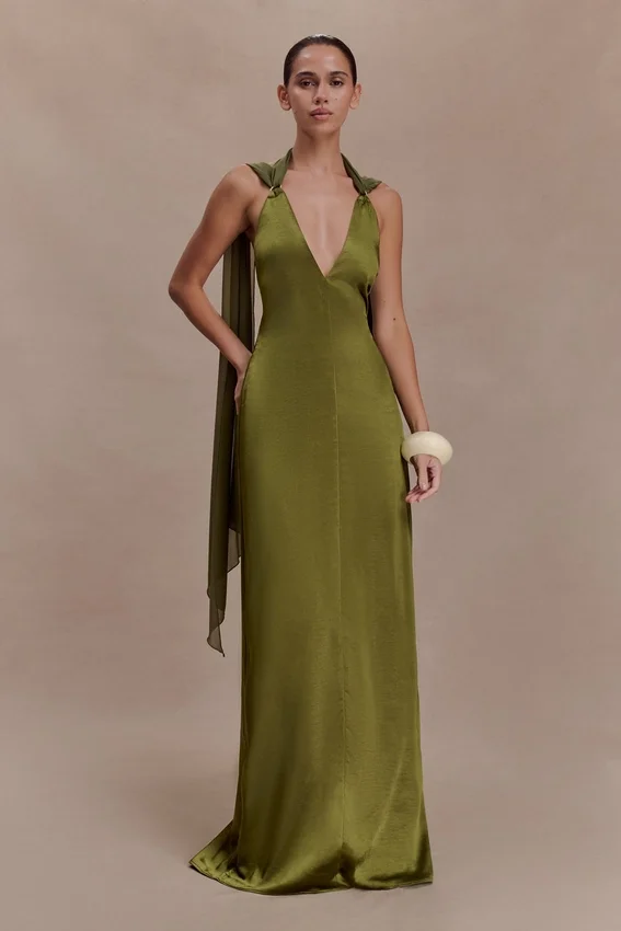 Myla Draped Shoulders Satin Maxi Dress – Khaki Myla Draped Shoulders Satin Maxi Dress – Khaki