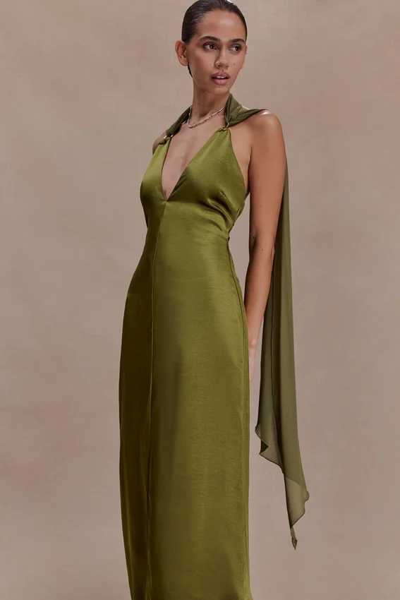 Myla Draped Shoulders Satin Maxi Dress – Khaki Myla Draped Shoulders Satin Maxi Dress – Khaki