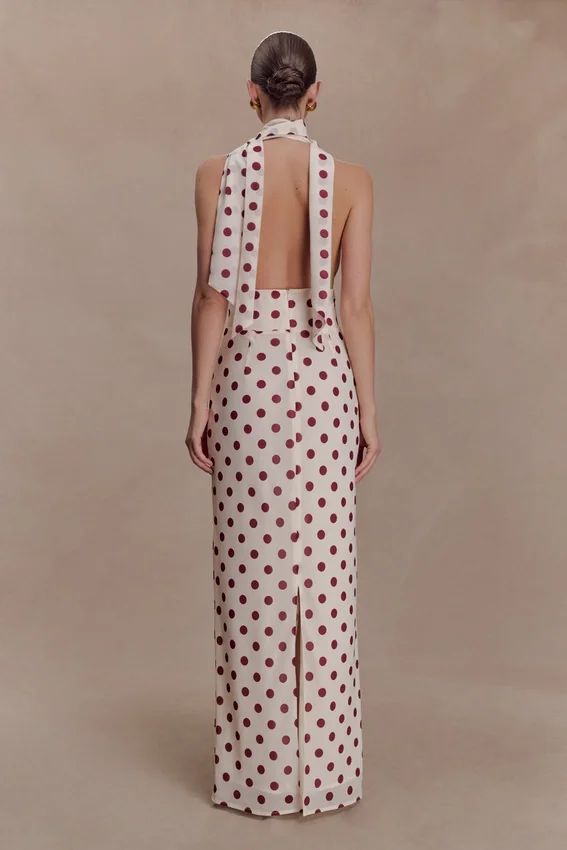 Nadine Halter Chiffon Maxi Dress – Ivory/Merlot Polka Dot Nadine Halter Chiffon Maxi Dress – Ivory/Merlot Polka Dot