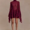 Nimah Chiffon Ruffle Mini Dress – Wine Nimah Chiffon Ruffle Mini Dress – Wine