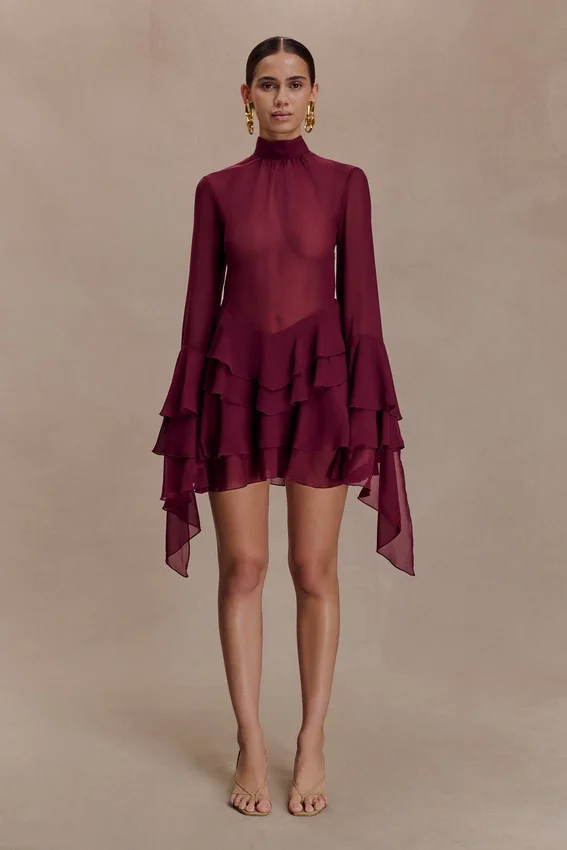 Nimah Chiffon Ruffle Mini Dress – Wine Nimah Chiffon Ruffle Mini Dress – Wine