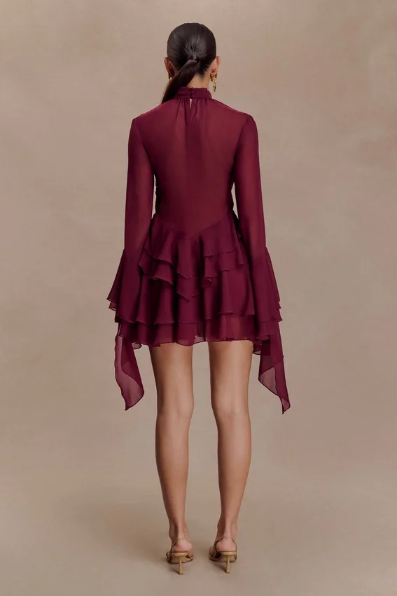 Nimah Chiffon Ruffle Mini Dress – Wine Nimah Chiffon Ruffle Mini Dress – Wine