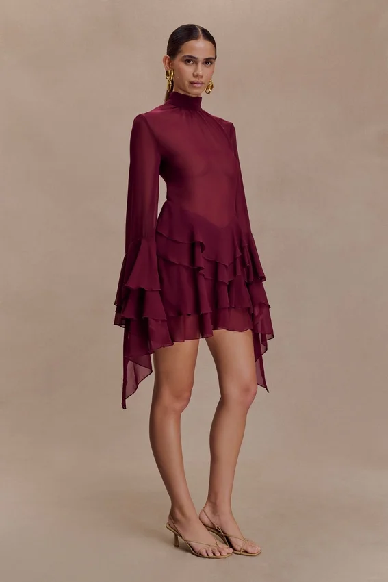 Nimah Chiffon Ruffle Mini Dress – Wine Nimah Chiffon Ruffle Mini Dress – Wine