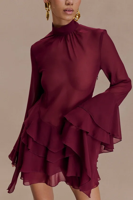 Nimah Chiffon Ruffle Mini Dress – Wine Nimah Chiffon Ruffle Mini Dress – Wine