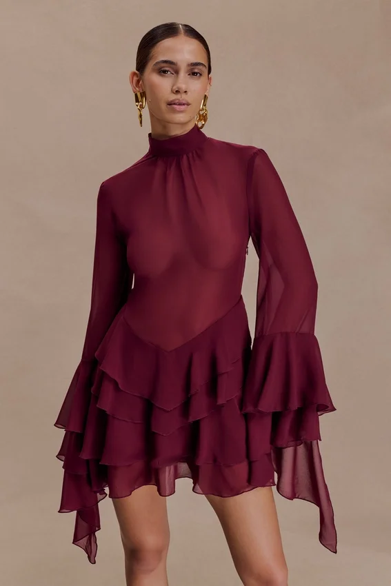 Nimah Chiffon Ruffle Mini Dress – Wine Nimah Chiffon Ruffle Mini Dress – Wine