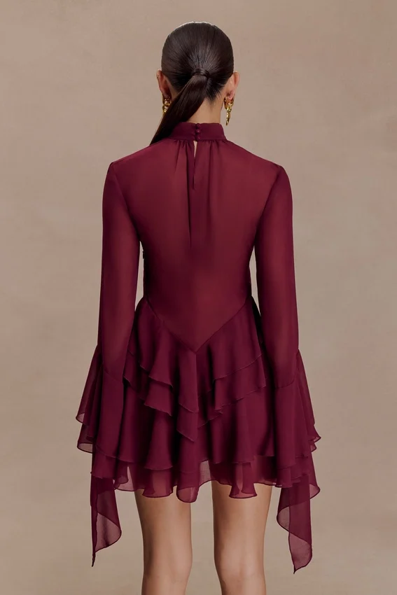 Nimah Chiffon Ruffle Mini Dress – Wine Nimah Chiffon Ruffle Mini Dress – Wine