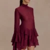 Nimah Chiffon Ruffle Mini Dress – Wine Nimah Chiffon Ruffle Mini Dress – Wine