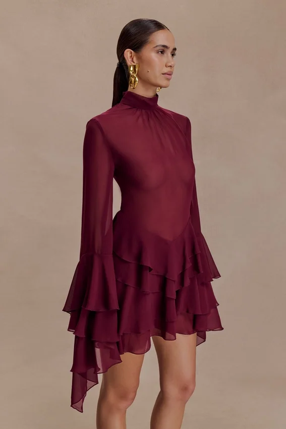 Nimah Chiffon Ruffle Mini Dress – Wine Nimah Chiffon Ruffle Mini Dress – Wine