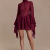 Nimah Chiffon Ruffle Mini Dress – Wine Nimah Chiffon Ruffle Mini Dress – Wine
