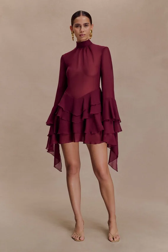 Nimah Chiffon Ruffle Mini Dress – Wine Nimah Chiffon Ruffle Mini Dress – Wine