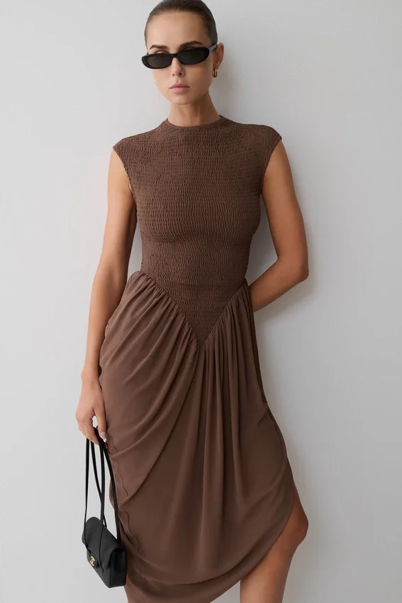 Nola Shirred Asymmetric Midi Dress – Mocha Nola Shirred Asymmetric Midi Dress – Mocha