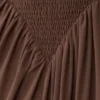 Nola Shirred Asymmetric Midi Dress – Mocha Nola Shirred Asymmetric Midi Dress – Mocha