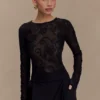 Omari Embroidery Long Sleeve Knit Top – Black