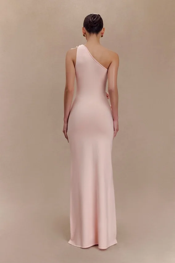 Paloma One Shoulder Knit Maxi Dress With Flowers – Baby Pink Paloma One Shoulder Knit Maxi Dress With Flowers – Baby Pink