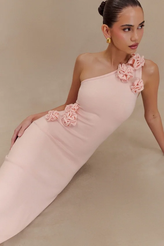 Paloma One Shoulder Knit Maxi Dress With Flowers – Baby Pink Paloma One Shoulder Knit Maxi Dress With Flowers – Baby Pink