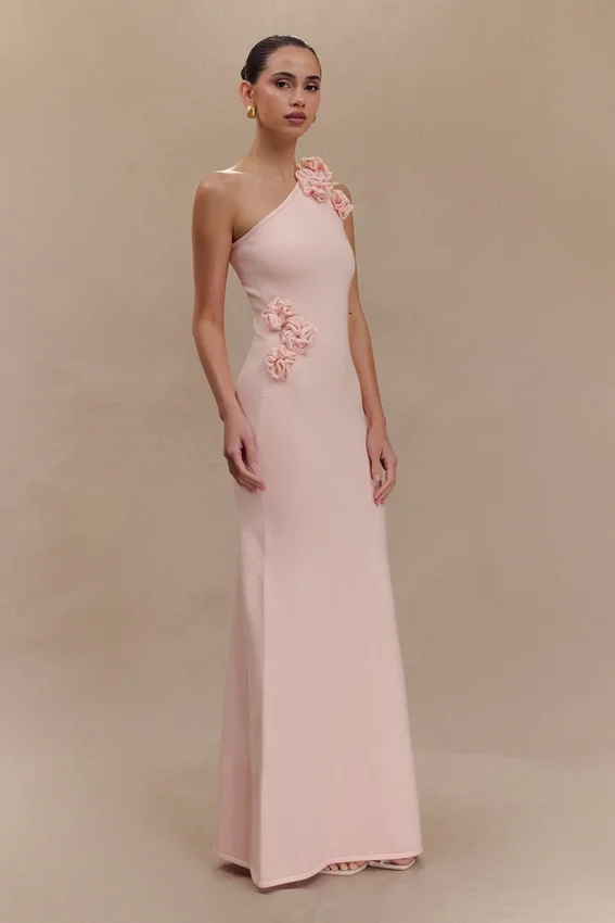 Paloma One Shoulder Knit Maxi Dress With Flowers – Baby Pink Paloma One Shoulder Knit Maxi Dress With Flowers – Baby Pink