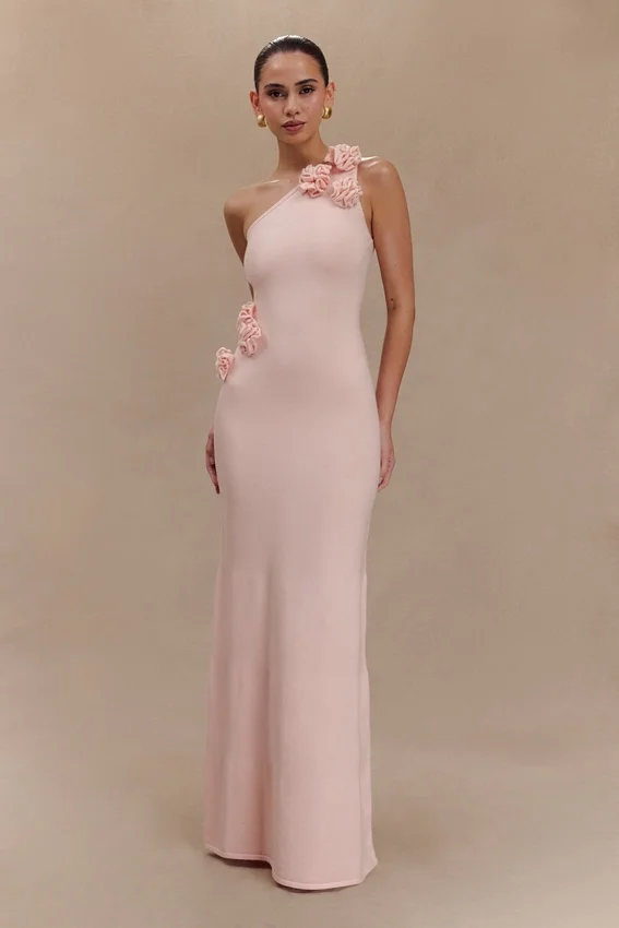 Paloma One Shoulder Knit Maxi Dress With Flowers – Baby Pink Paloma One Shoulder Knit Maxi Dress With Flowers – Baby Pink
