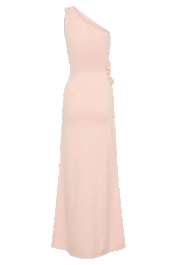 Paloma One Shoulder Knit Maxi Dress With Flowers – Baby Pink Paloma One Shoulder Knit Maxi Dress With Flowers – Baby Pink