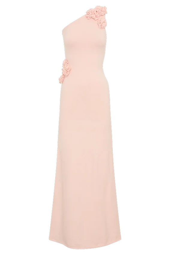Paloma One Shoulder Knit Maxi Dress With Flowers – Baby Pink Paloma One Shoulder Knit Maxi Dress With Flowers – Baby Pink