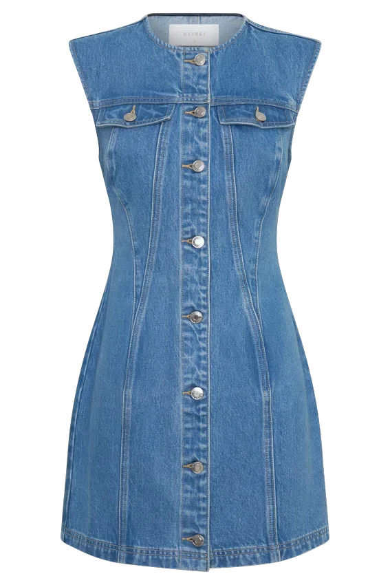 Penn Button Front Denim Mini Dress – Summer Blue Penn Button Front Denim Mini Dress – Summer Blue