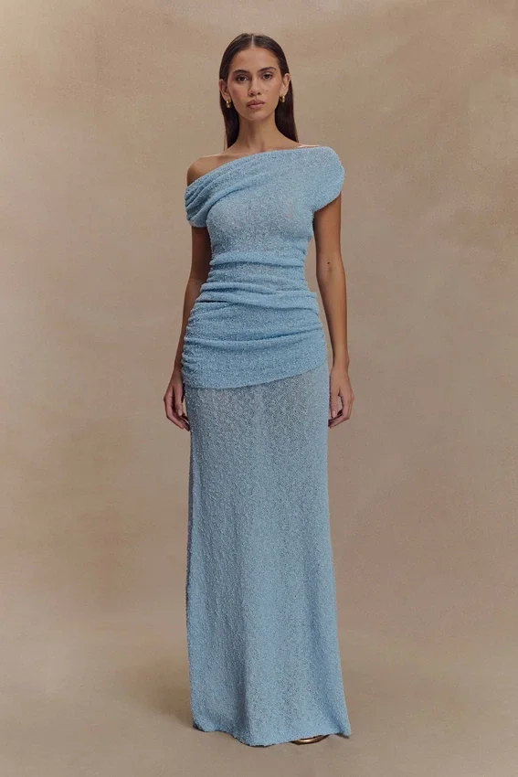 Chloe Off Shoulder Boucle Knit Top – Light Blue Chloe Off Shoulder Boucle Knit Top – Light Blue