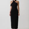 Sable Crossover Crepe Midi Dress – Black
