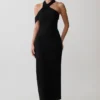 Sable Crossover Crepe Midi Dress – Black