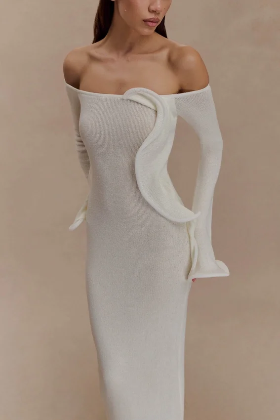 Sandrine Off Shoulder Knit Maxi Dress – White Sandrine Off Shoulder Knit Maxi Dress – White