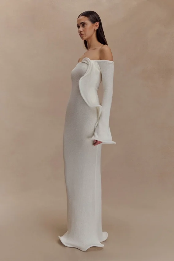 Sandrine Off Shoulder Knit Maxi Dress – White Sandrine Off Shoulder Knit Maxi Dress – White