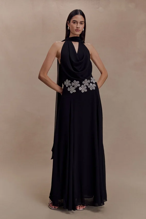 Santal Floral Chiffon Halter Maxi Dress – Black Santal Floral Chiffon Halter Maxi Dress – Black