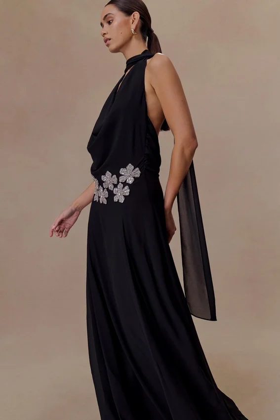 Santal Floral Chiffon Halter Maxi Dress – Black Santal Floral Chiffon Halter Maxi Dress – Black