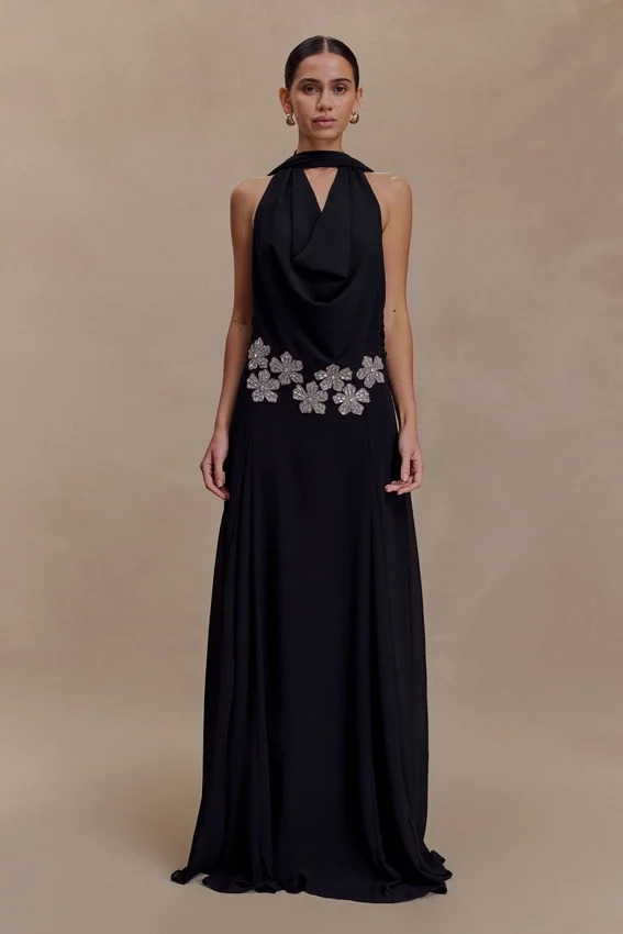 Santal Floral Chiffon Halter Maxi Dress – Black Santal Floral Chiffon Halter Maxi Dress – Black