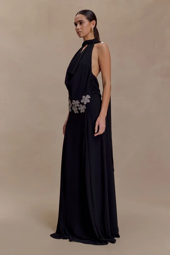 Santal Floral Chiffon Halter Maxi Dress – Black Santal Floral Chiffon Halter Maxi Dress – Black