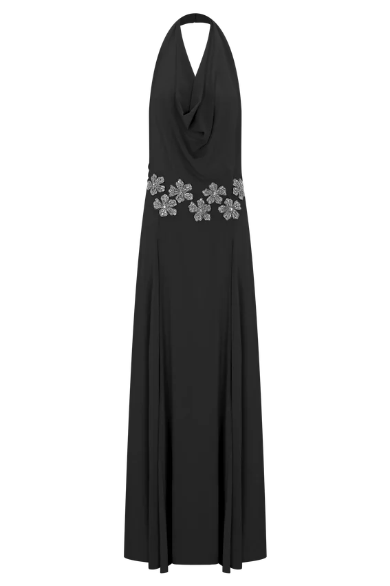 Santal Floral Chiffon Halter Maxi Dress – Black Santal Floral Chiffon Halter Maxi Dress – Black
