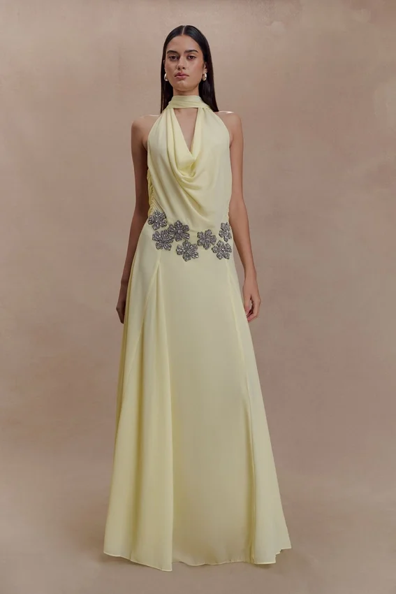 Santal Floral Chiffon Halter Maxi Dress – Lemon Santal Floral Chiffon Halter Maxi Dress – Lemon