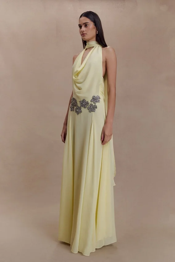Santal Floral Chiffon Halter Maxi Dress – Lemon Santal Floral Chiffon Halter Maxi Dress – Lemon