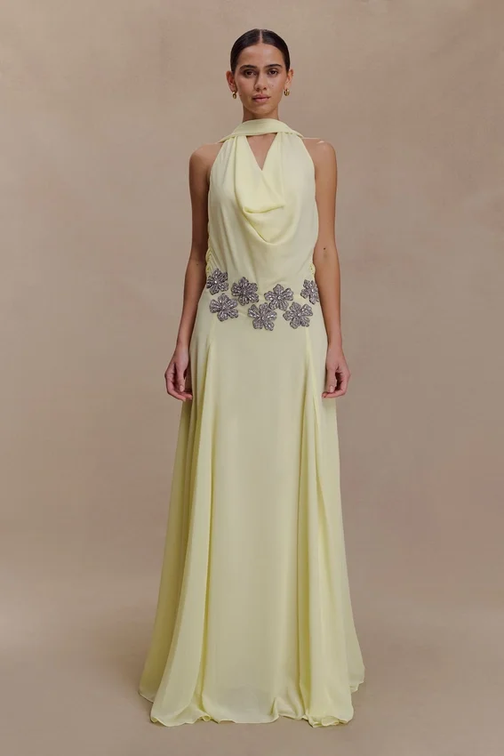 Santal Floral Chiffon Halter Maxi Dress – Lemon Santal Floral Chiffon Halter Maxi Dress – Lemon