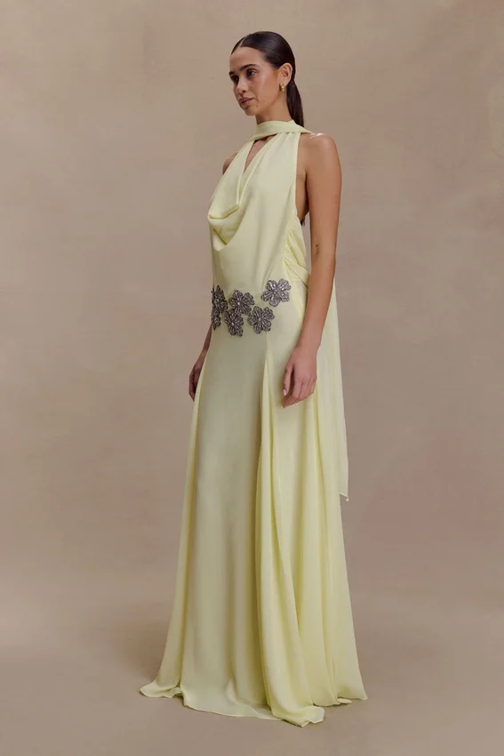 Santal Floral Chiffon Halter Maxi Dress – Lemon Santal Floral Chiffon Halter Maxi Dress – Lemon